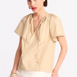 J.Crew Tan Poplin Short Sleeve Cinched Keyhole Neck Blouse Size Medium